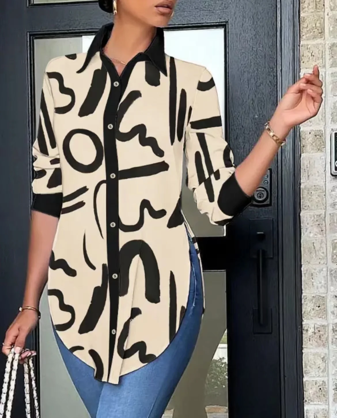 

Женская Асимметричная рубашка с отложным воротником, длинным рукавом и пуговицами