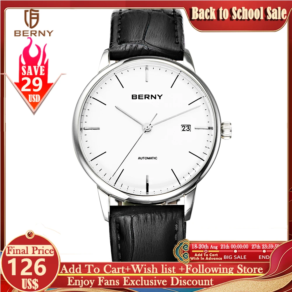 

BERNY MIYOTA 9015 Watch for Men Automatic Mechnical Wristwatch Business Stainless Steel Dress Self Wind Watches Male Waterproof