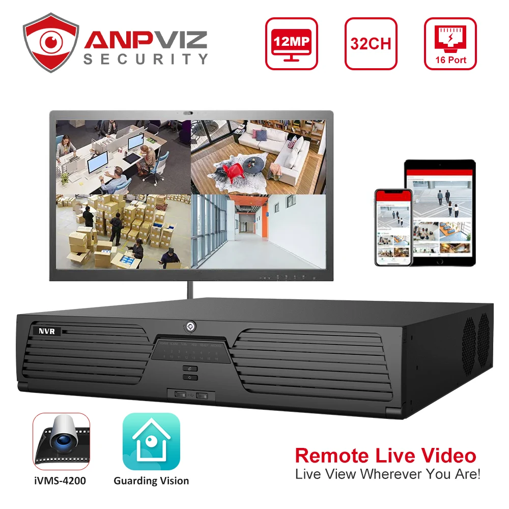 

Anpviz 12MP AI 32CH POE NVR OEM iDS-9632NXI-I8/X Network Video Recorder IP Camera CCTV System Video Output P2P UP to 80 TB