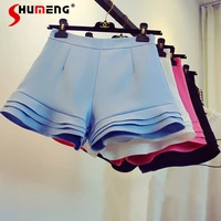 korean style socialite ruffles wide leg shorts 2022 spring and summer new womans pure color slimming a line hot pants