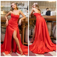 2022 charming red mermaid evening dress sweetheart neckline high split prom gowns satin backless party dress plus size