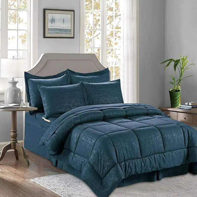 

8-Piece Bed-In-A-Bag Bamboo Pattern Comforter Microfiber Full Queen Navy
