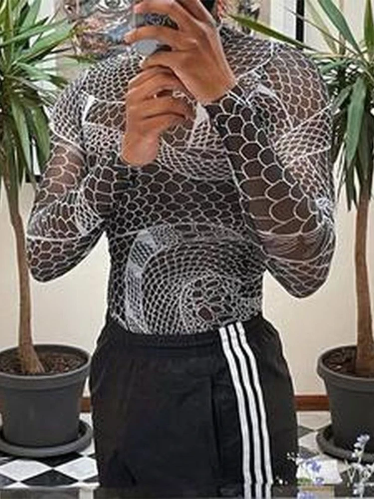 Мужская Просвечивающая Водолазка с длинным рукавом и винтажным принтом весна 2022