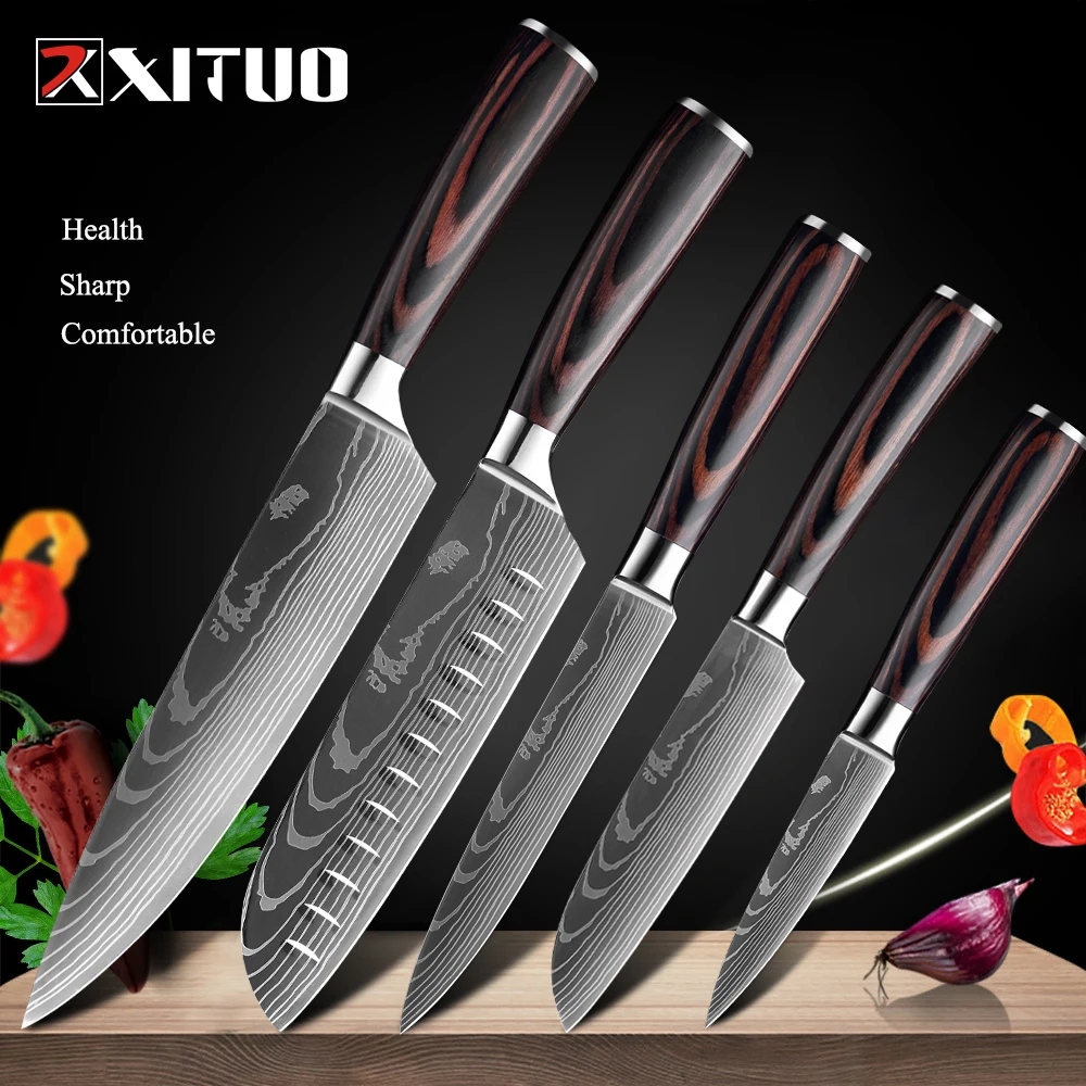 

Набор кухонных ножей XITUO, острый японский нож сантоку, Мясницкий резец, лазерная обработка Дамасского узора, 1-10 шт.