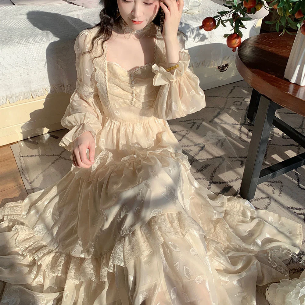 

Sweet Princesses Flare Sleeve French Women High Waist Elegant Female Lace Vintage Fairy A-line Long Dresses