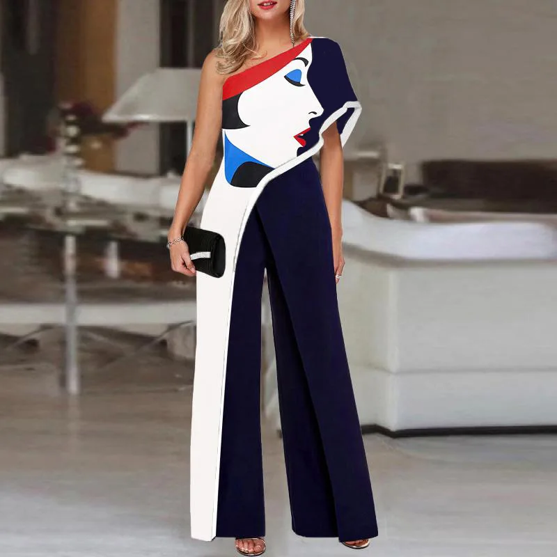 Jumpsuits for Women 2022 Elegant Abstract Printing Fashion Oblique Shoulder Loose Luxury Women's Overalls Summer Wide-Leg Pants