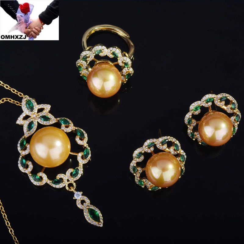 

OMHXZJ Wholesale JE218 European Fashion Woman Girl Party Birthday Wedding Gift Pearl 18KT Gold Ring+Earrings+Pendant Jewelry Set