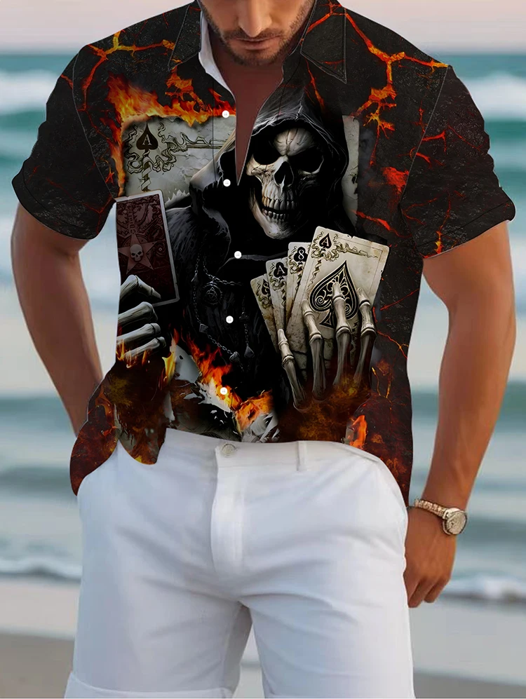 Мужская летняя рубашка с принтом в виде черепа игральных карт коротким рукавом