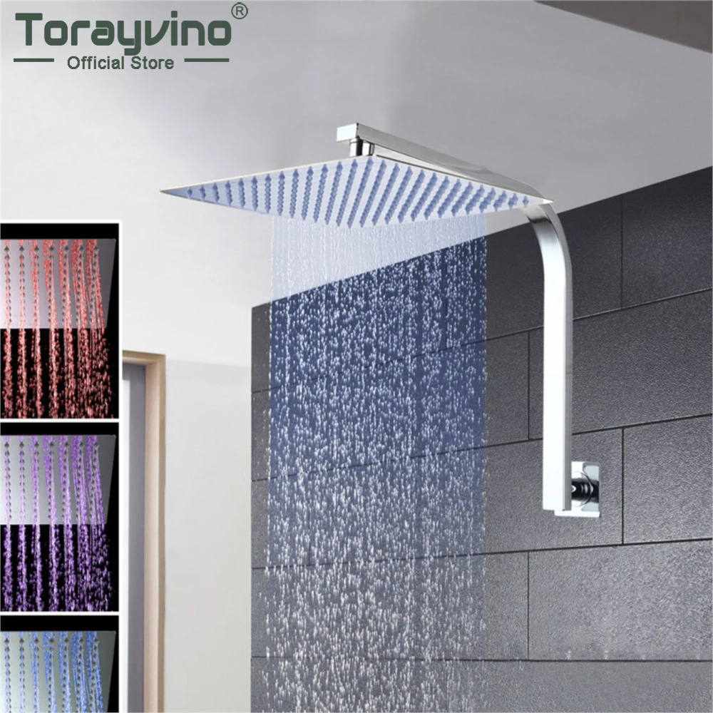 

Torayvino 3 Colors LED Luxury Bathroom Shower 8" 12" 16" Square Rainfall Wall Mounted With Shower Arm & Head Spray System