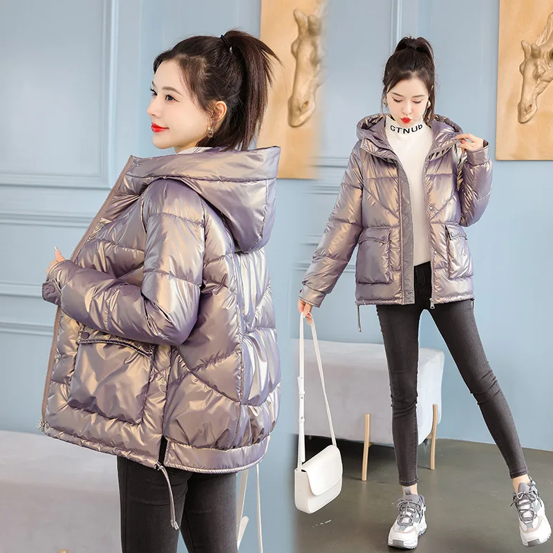 2022 New Women Jacket Winter Glossy Parka Coat Loose Basic Coat Hooded Cotton Padded Female  Parkas Student Jackets Outwear