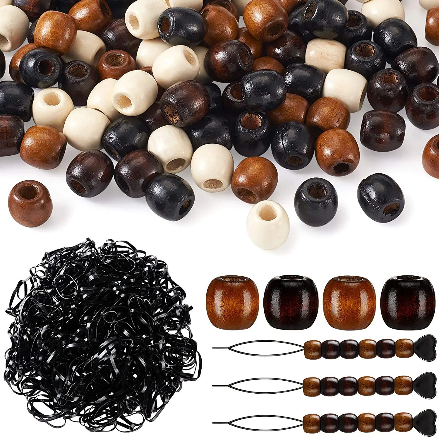 100Pcs 12mm Coffee Colors Wooden Dreadlock Hair Beads Send 100pcs Rubber Band 1pcs Tools with 5mm Hole for Loc Jewelry Dreadlock