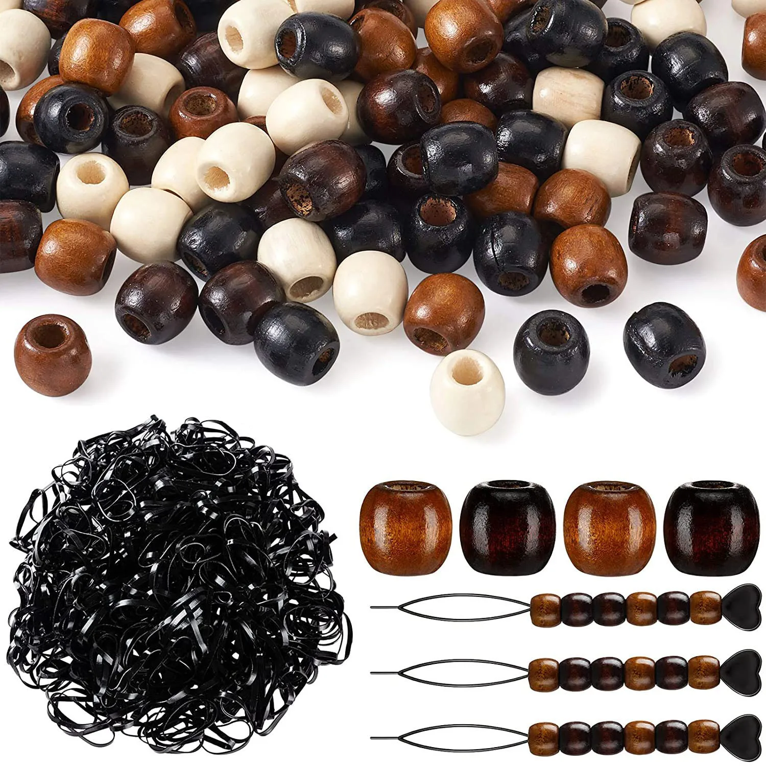 S Wooden Dreadlock Hair Beads Send 100pcs Rubber Band 1pcs Tools With 5mm Hole For Loc Jewelry Dreadlock