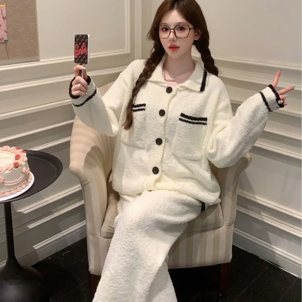 Утолщенные теплые женские пижамы с фланцем осень-зима удобная повседневная