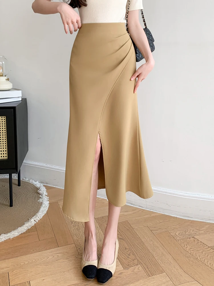 

FTLZZ Summer Office Lady Empire Slim Midi Skrit Elegant Women Split A-line Dress Female Solid Bodycon Skirt