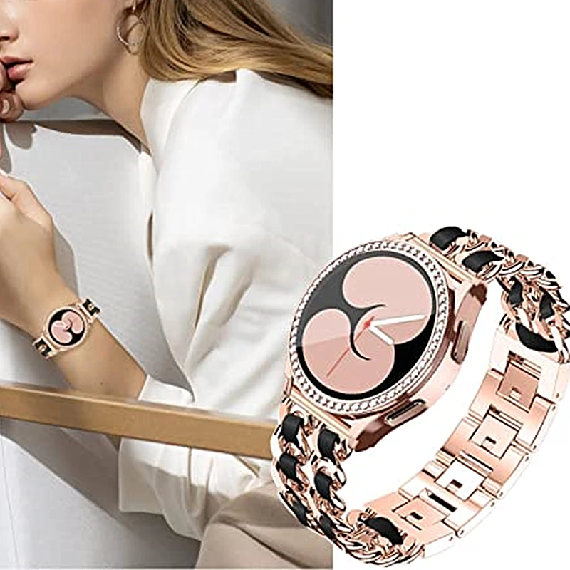 Bracelet for Galaxy Watch 4 44mm 40mm Band With Bling TPU Case for Samsung Galaxy Watch 4 Metal Strap with Leather Belt