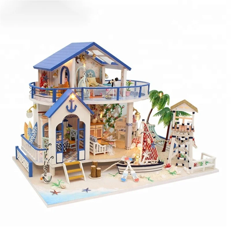 DIY Bright Miniature Doll House Mini Dollhouse Assembled Figure With Decoration Seaside Miniature-houses For Gifts