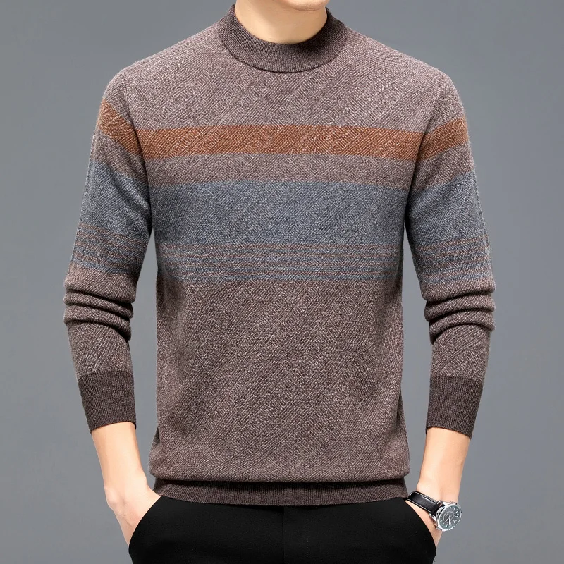 

Кашемировый свитер из 100% шерсти мужская водолазка свободного кроя Повседневная утепленная полосатая жаккардовая теплая одежда