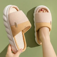 classic striped cotton linen women slippers for home thick sole shoes for woman slides non slip platform indoor slippers female