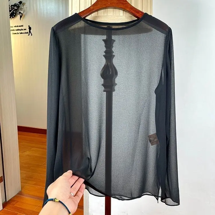 Китайская однотонная шифоновая футболка с круглым вырезом и длинными рукавами