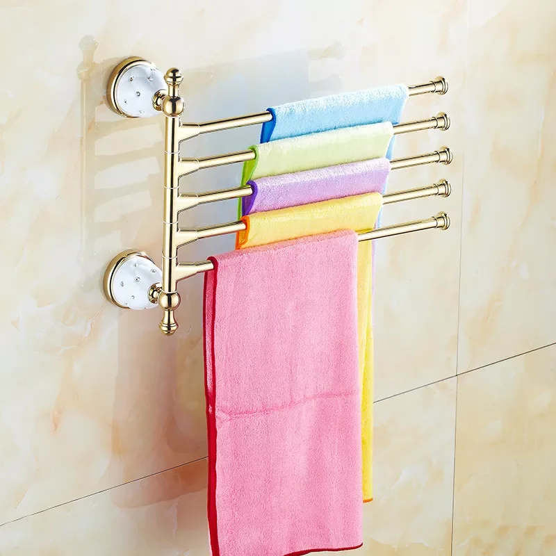 

Towel Racks 4 Movable Brass Golden Rotate Towel Holder Hangers Wall Mount Towel Bar Bathroom Accessories