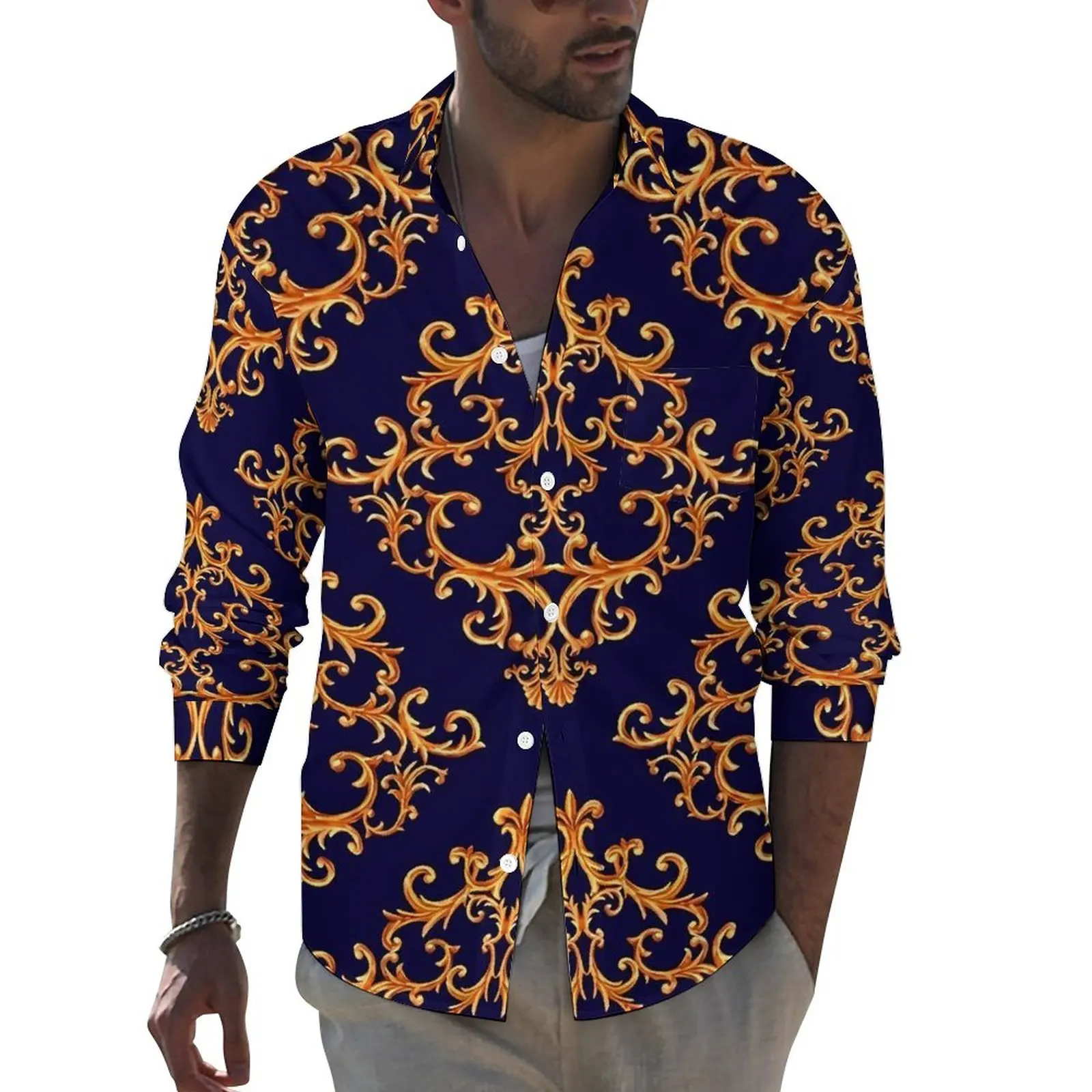 

Vintage Baroque Y2K Casual Shirt Men Gold Damask Shirt Spring Vintage Blouses Long Sleeve Design Oversized Clothing