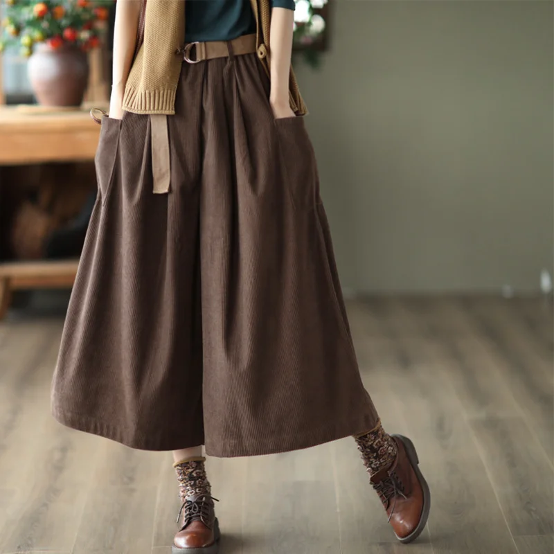 

NINI WONDERLAND 2022 Autumn Winter Corduroy Casual Ankle Length Pants Women Elastic Waist Vintage Loose Wide Leg Trousers Belt