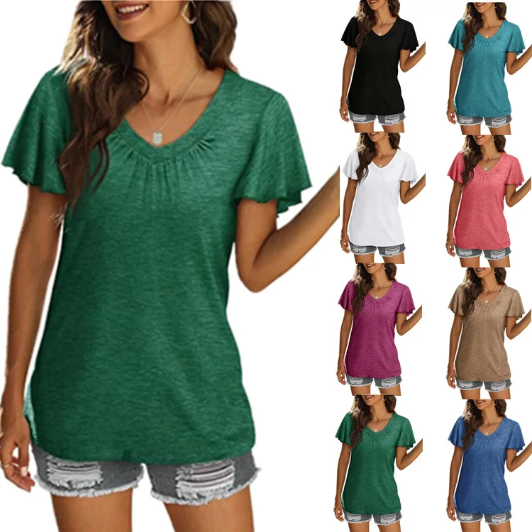 

Summer Simple T-shirts V-Neck Pleated Fashion T-shirts Elegant Loose Streetwear Breathable for Shopping Party