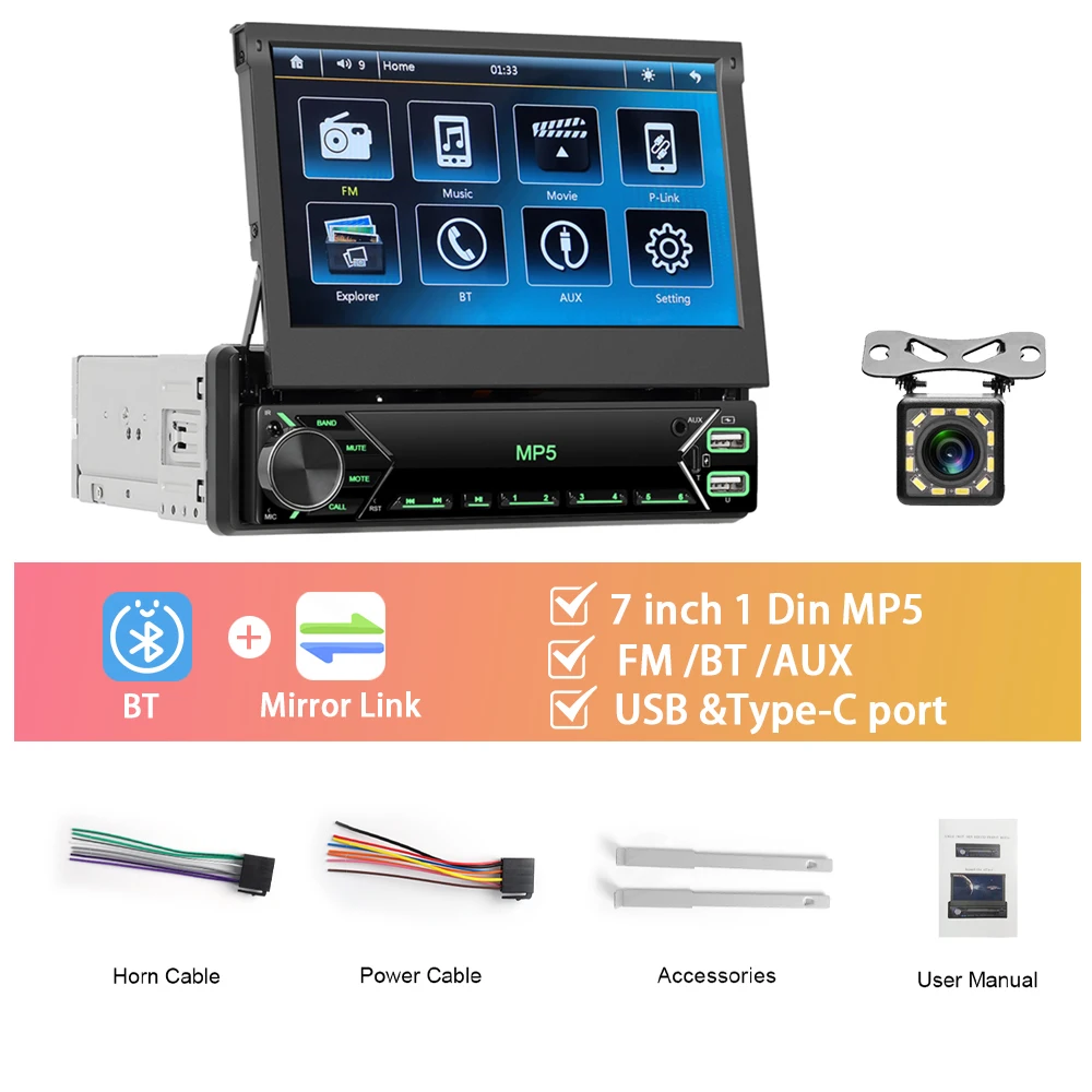 

Автомобильный MP5-плеер Podofo, выдвижной MP5-плеер с 7 "сенсорным экраном, с функцией Mirror Link, Bluetooth, FM, USB, Типоразмер 1DIN
