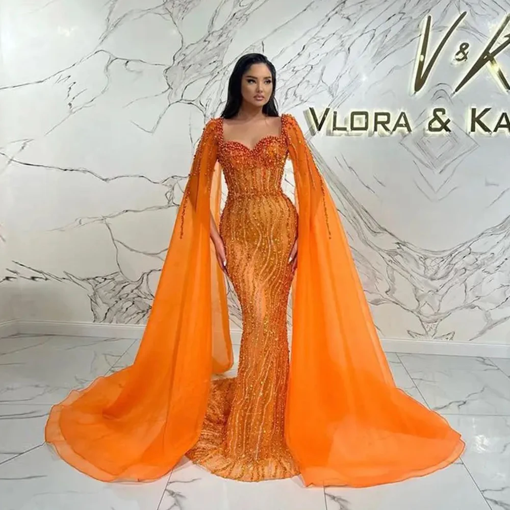 

Dubai Orange Evening Dresses With Caper Shawl Women Luxury Mermaid Sequin Bead Sweetheart Arab Prom Gowns Gala Celebrity Robe