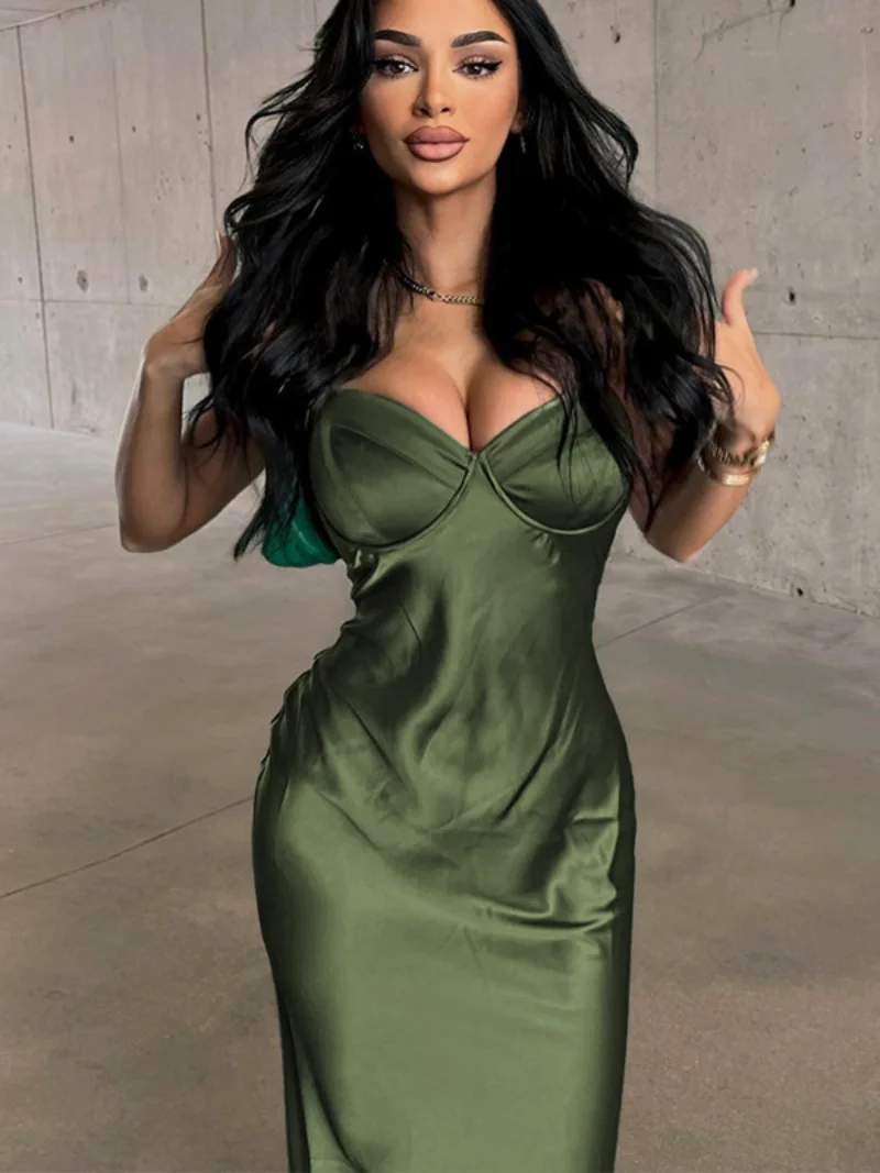 

2023 Summer Sexy Spaghetti Strap Bandage Mid-calf Party Dresses Women Elegant High Waist Backless Lace-up Evening Dress Female