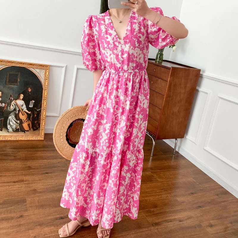2023 Spring and Summer New Rose Print Women Bubble Sleeve Long Dress