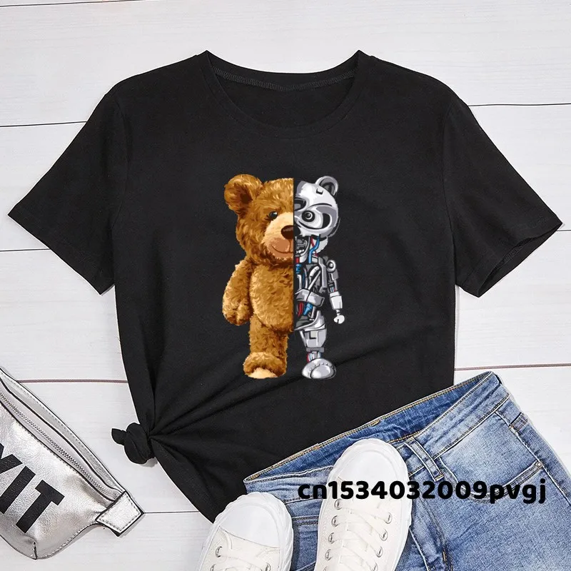 

New Funny Teddy Bear Robot Tshirt Robotic Bear Shirt Casual Clothes Women Fashion Clothing T-Shirt Tee Top