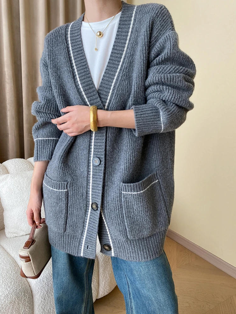 

Loose Cardigans for Women 2023 Casual Thickening Knitted Women Sweater Fashion Versatile Autumn/Winter Grey Oversize Cardigan