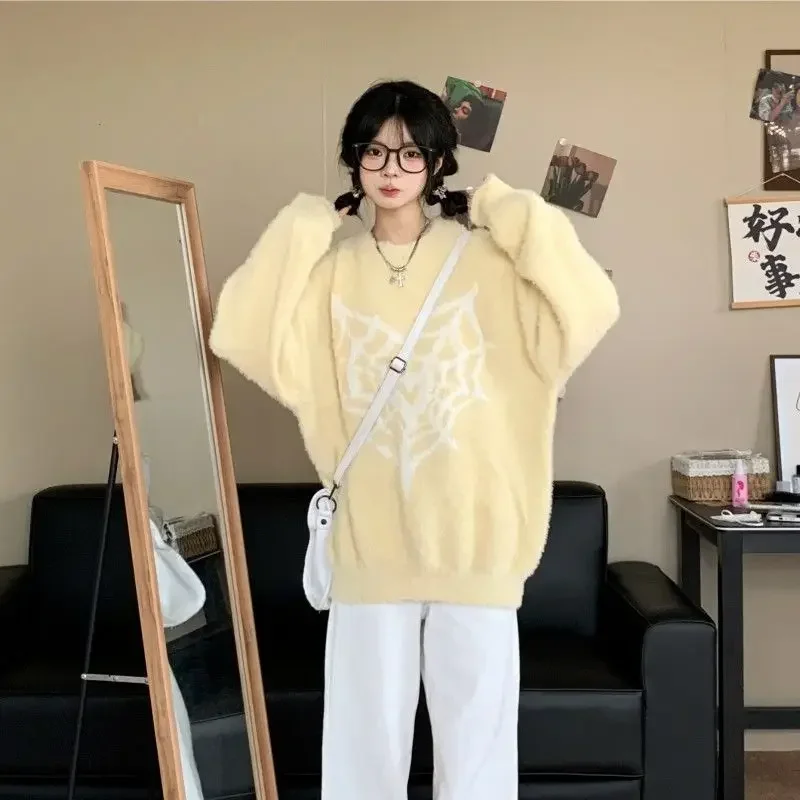 Винтажные вязаные свитера Y2k с принтом паутины и круглым вырезом длинными