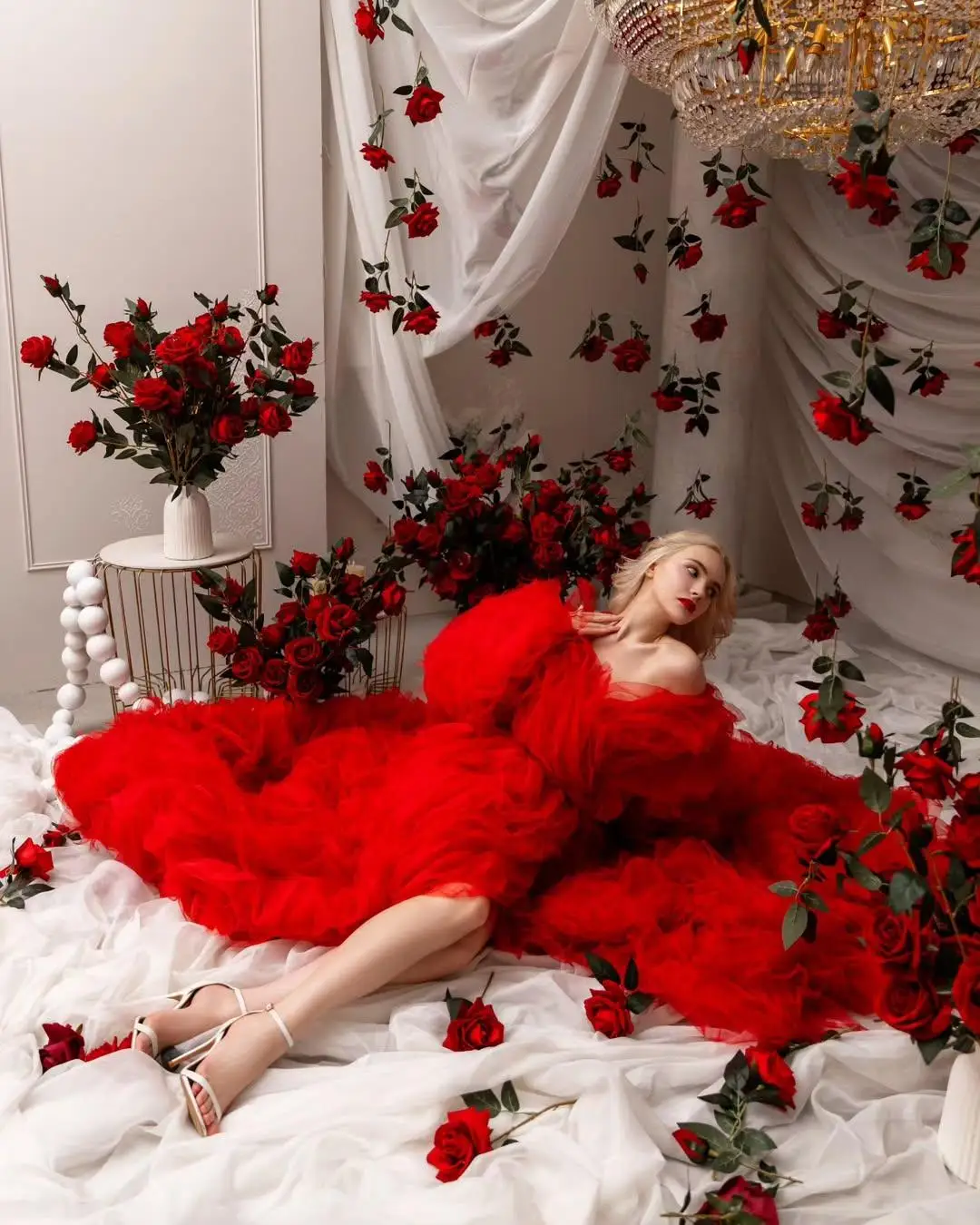 Романтическая красная накидка с оборками женское платье для фотосессии бальное