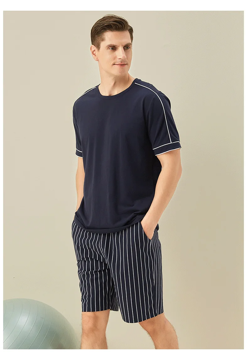 Knitted Cotton Men's Pajamas Two Piece Set Stripe Short-sleeved Top Shirt Loose Casual Shorts Home Clothes Sleep Wear Men Pajama