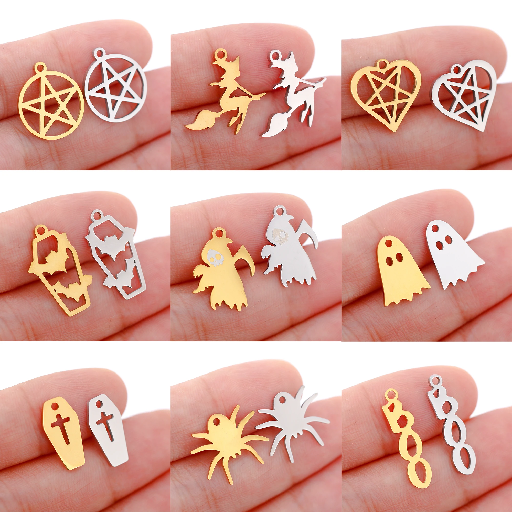 

5Pcs/Lot Hollow Halloween Theme Charms Stainless Steel Skull/Pumpkin/Vampire Bat/Witch/Spider/Ghost Pendants For Jewelry Makings