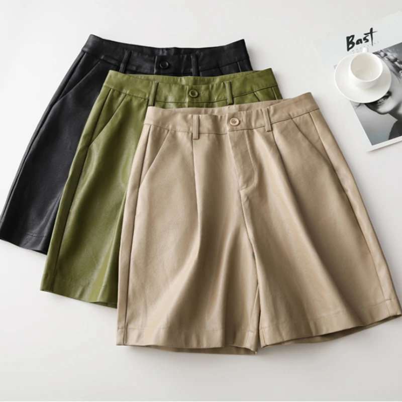 Women's Autumn Winter New Loose Five Points Leather Trousers 2021 Button Fashion PU Leather Shorts Female Large Shorts Solid