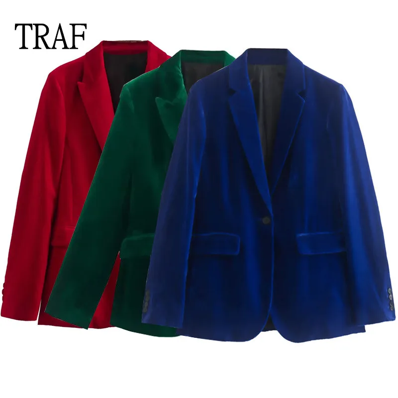 TRAF Red Velvet Blazer Women Autumn Winter Office Elegant Woman Jacket Loose Long Sleeve Casual Green Blue Women's Blazers 2023