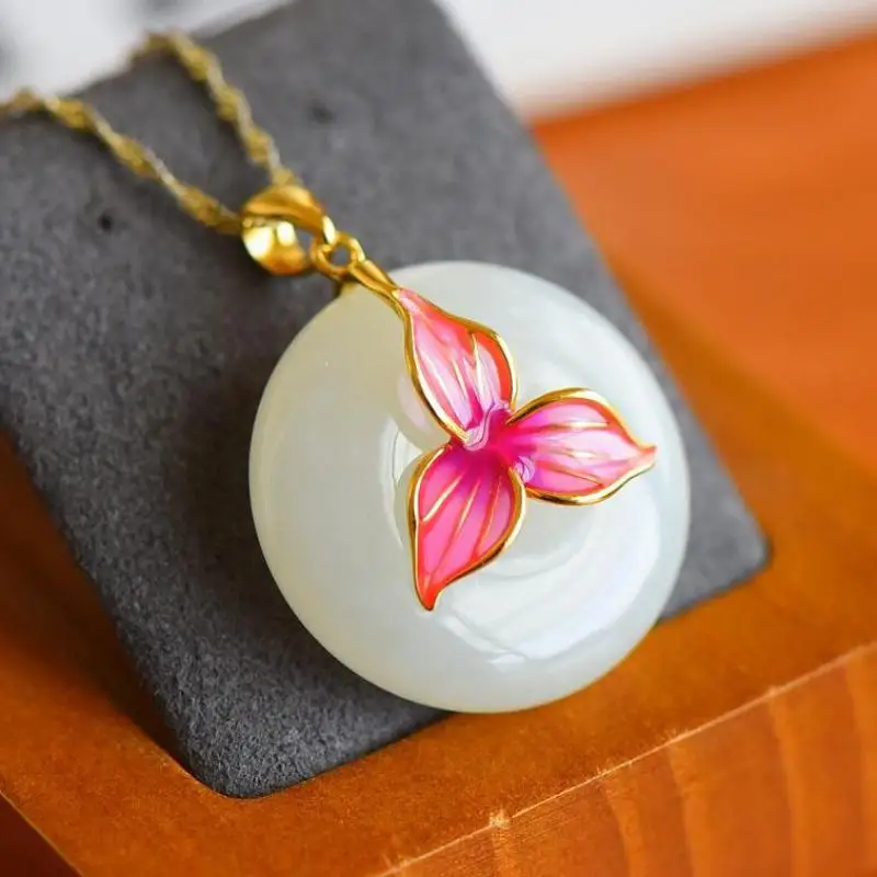 

925 Sterling Silver Cloisonne Enamel Flower White Jade Donut Pendant Necklace Women Hetian Jades Nephrite Lucky Charms Amulets