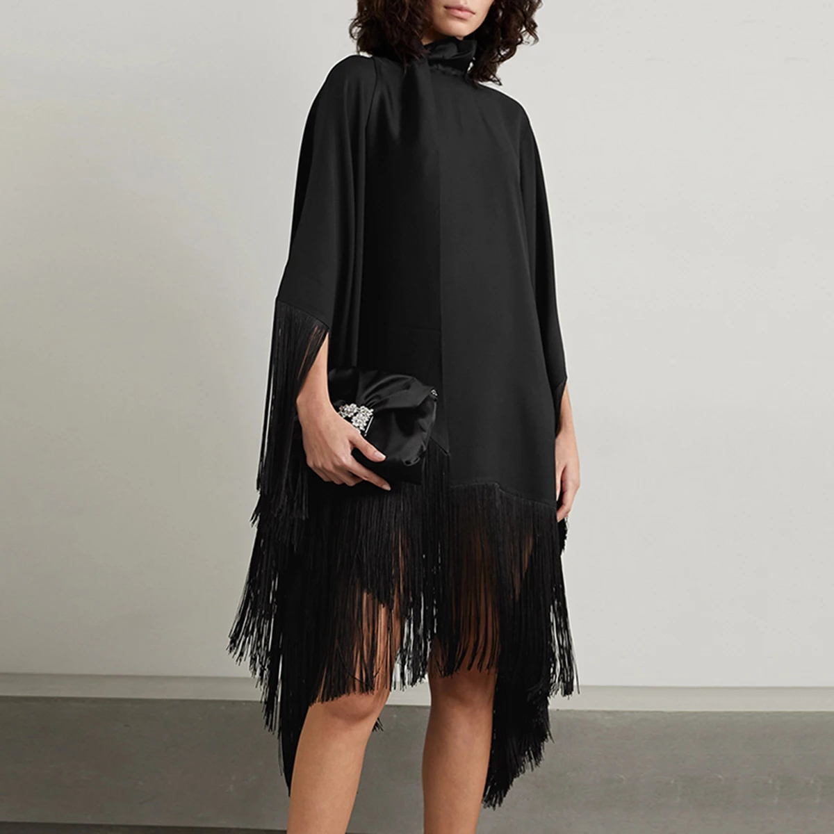 

Uoozee 2022 New Summer Black Tassel Loose Fringed High Neckline with A Scarf-Like Panel Solid Midi Dress Vestido for Women