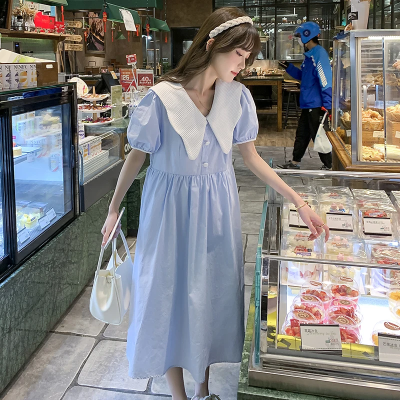 

1979# Summer Fashion Maternity Long Dress Chic Ins A Line Loose Clothes for Pregnant Women Sweet Cute OL Work Pregnancy Clothing