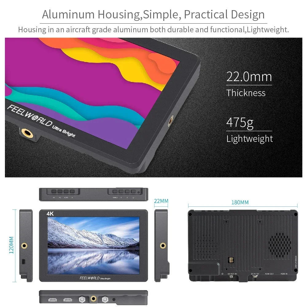 Фото FEELWORLD L7 7-дюймовый 4K HDMI 2200nit алюминиевый корпус монитора ввода/вывода 1920x1200 3D LUT сенсорный экран двойной F970 для DSLR №3