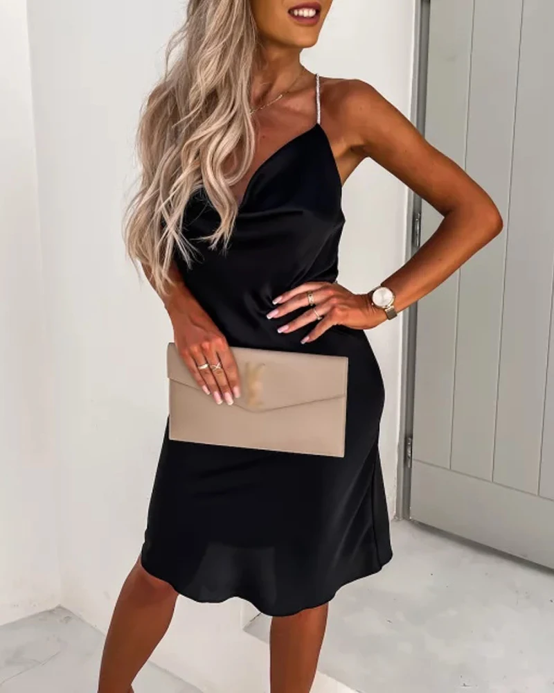 

High Waist Swing Collar Stain A-line Dresses Summer Sexy Sleeveless Backless Solid Suspenders Dress