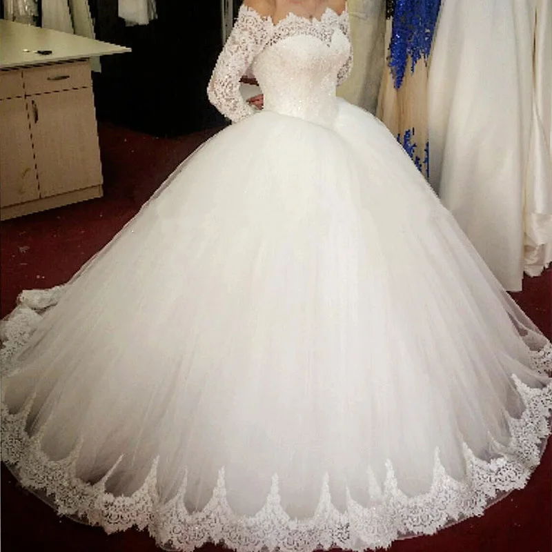 

Ball long Sleeve Wedding Dresses Boat Neck Appliques Lace Bridal Gowns Crystal Sashes Vestido De Novias