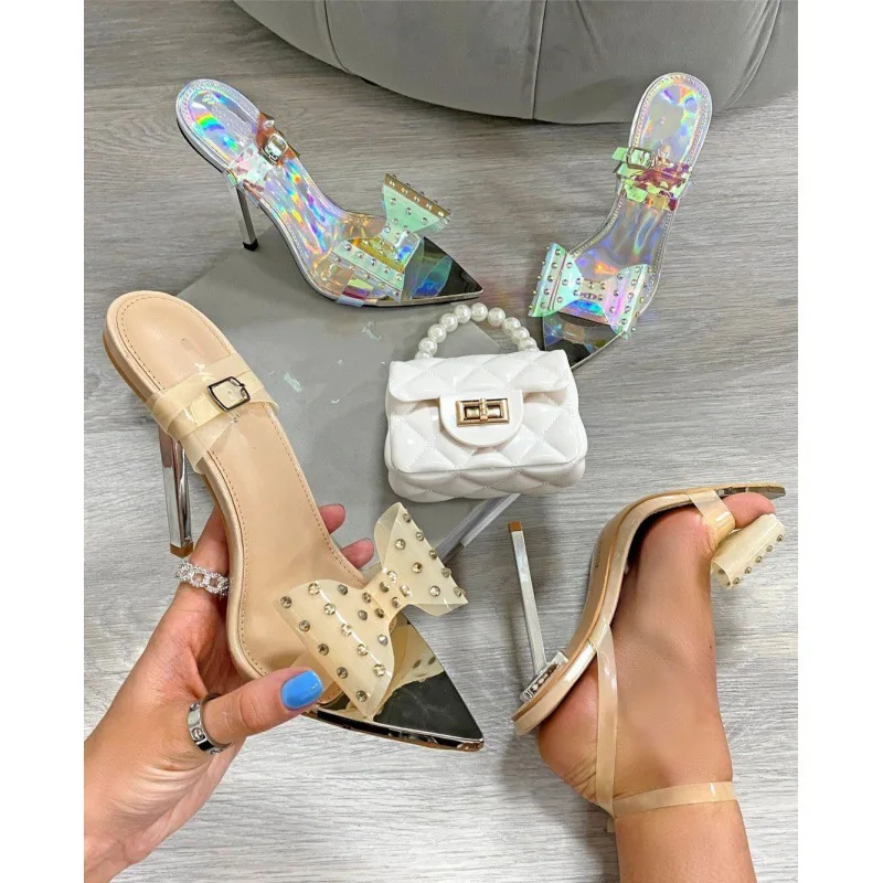 

Fashion Rhinestone Big Bow Sandals Stiletto Large Size Metal Heel High Heel Sandals Banquet Party Shoes