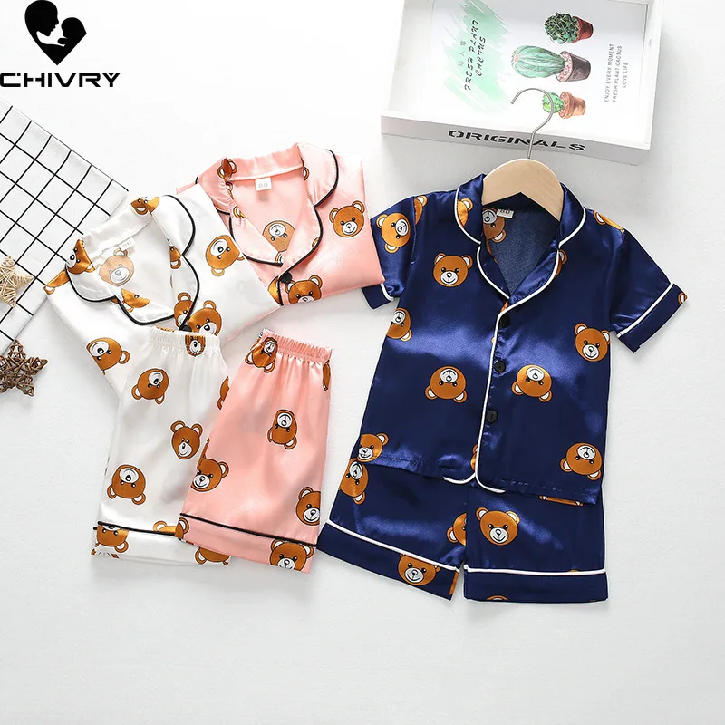 

New 2022 Kids Boys Girls Silky Pajama Sets Cartoon Short Sleeve Lapel Shirt Tops with Shorts Baby Spring Summer Sleeping Clothes