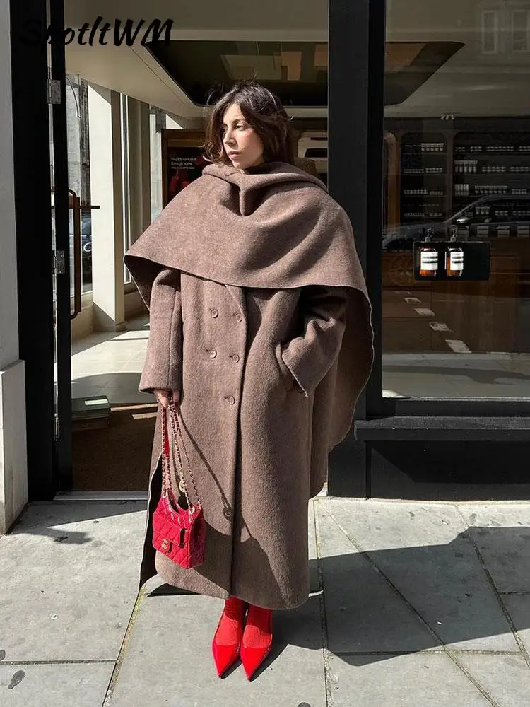 

Женское Однотонное шерстяное пальто, элегантное толстое пальто с длинным рукавом и воротником-лодочкой, уличная одежда свободного покроя для осени и зимы