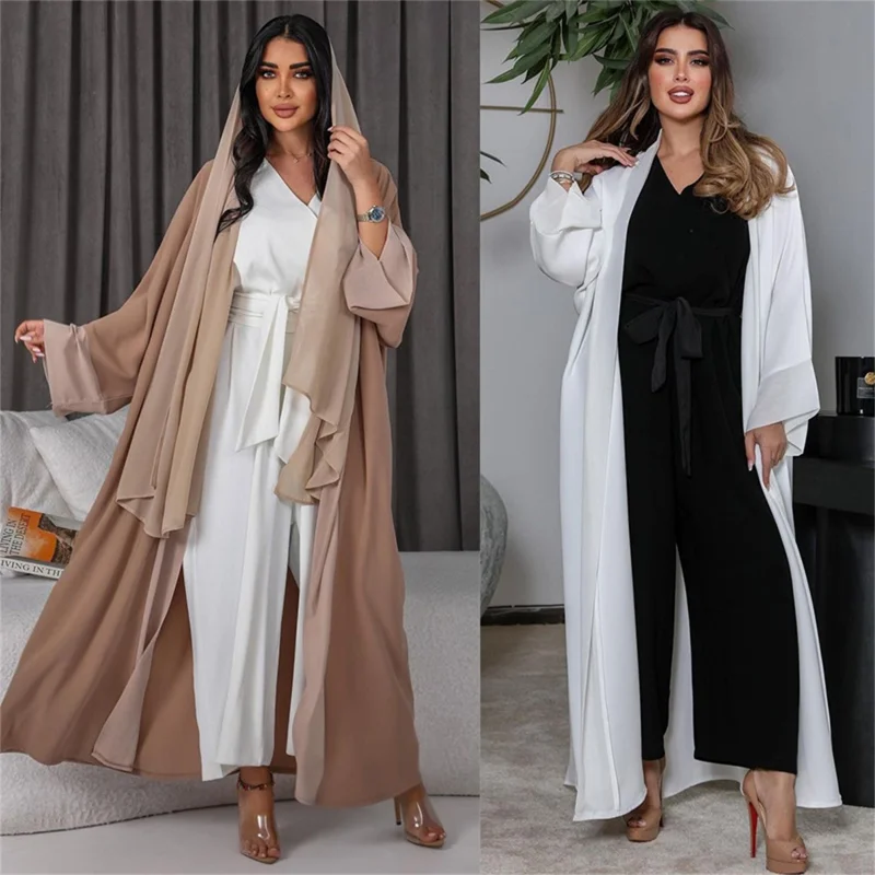Front Open Abaya for Women Brief Fashion Solid Patchwork Arab Dubai Moroccan Kimono Corban Eid New Islamic Outsider Robe 2023