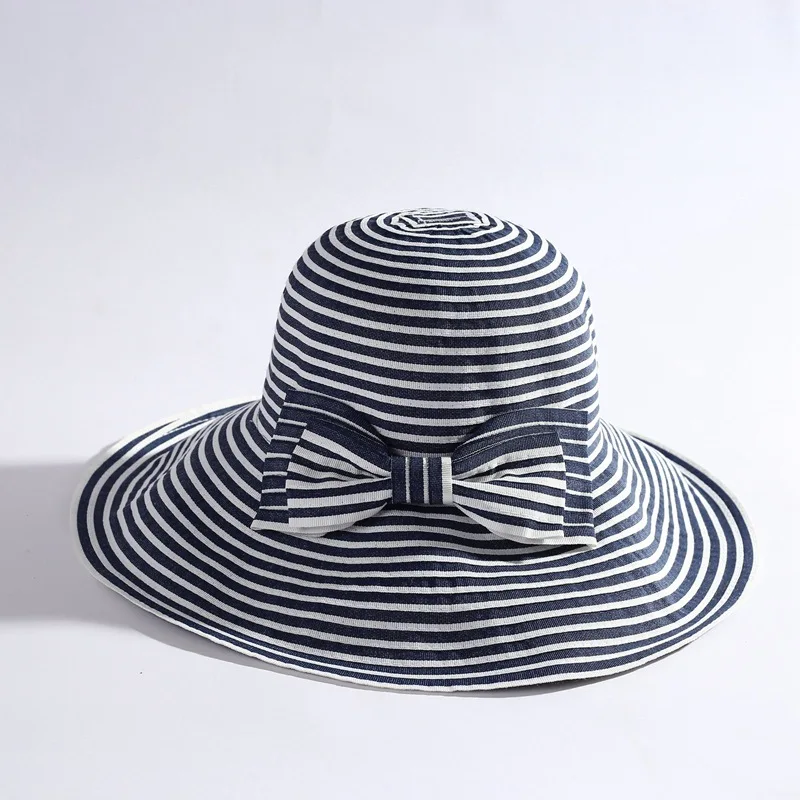 

Ladies Large Brim Striped Sunscreen Fisherman Hat Foldable Bow Seaside Travel Sun Hat